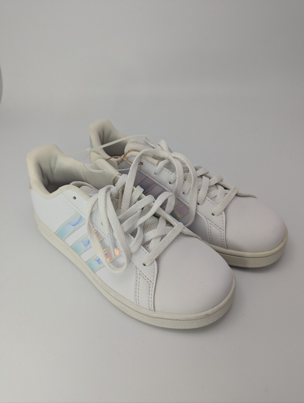 Adidas White Grand Court K Kids Sneakers with Iridescent Stripes